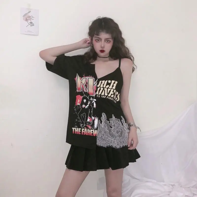 

Cool women's Korean patchwork t-shirts Harajuku style short sleeve female tees hip hop letter pattern Printing t-shirt