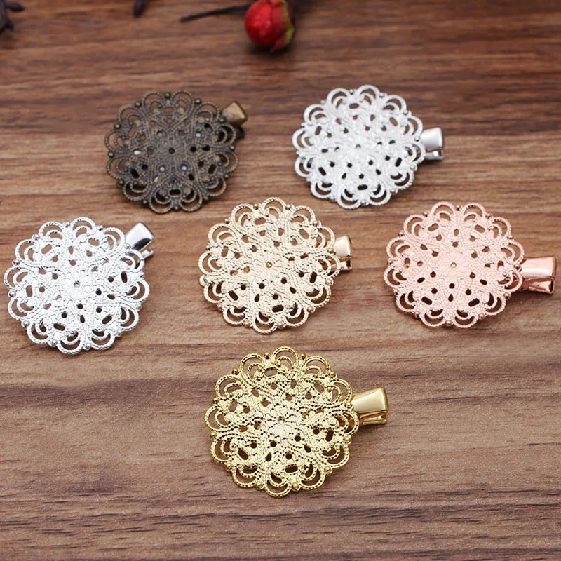 Булавки для волос "Цветочный круг винтажной филлигранный дизайн" 30 мм, металлический зажим крокодильчик с зубчиками, мультицветный.