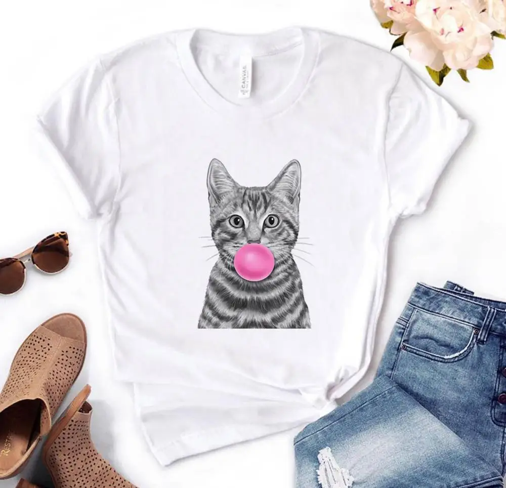 

Cat Blowing Bubble chewing gum Print Women Tshirts Cotton Casual Funny t Shirt For Lady Yong Top Tee Hipster PH-17
