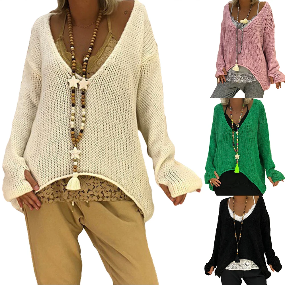 Свободный женский Однотонный свитер с v-образным вырезом и длинным рукавом