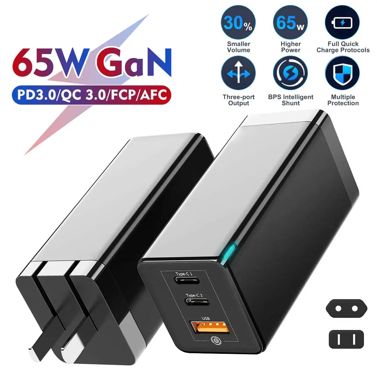 

65W USB/C Charger Quick Charge QC 3.0 PD3.0 PD Type C Fast USB Charger For iphone XS Max XR S8 Huawei Xiaomi phone