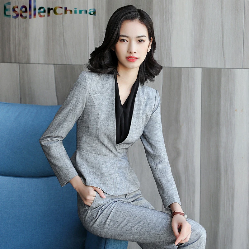 Новинка серые женские деловые костюмы с брюками и куртками пальто брючные брюки