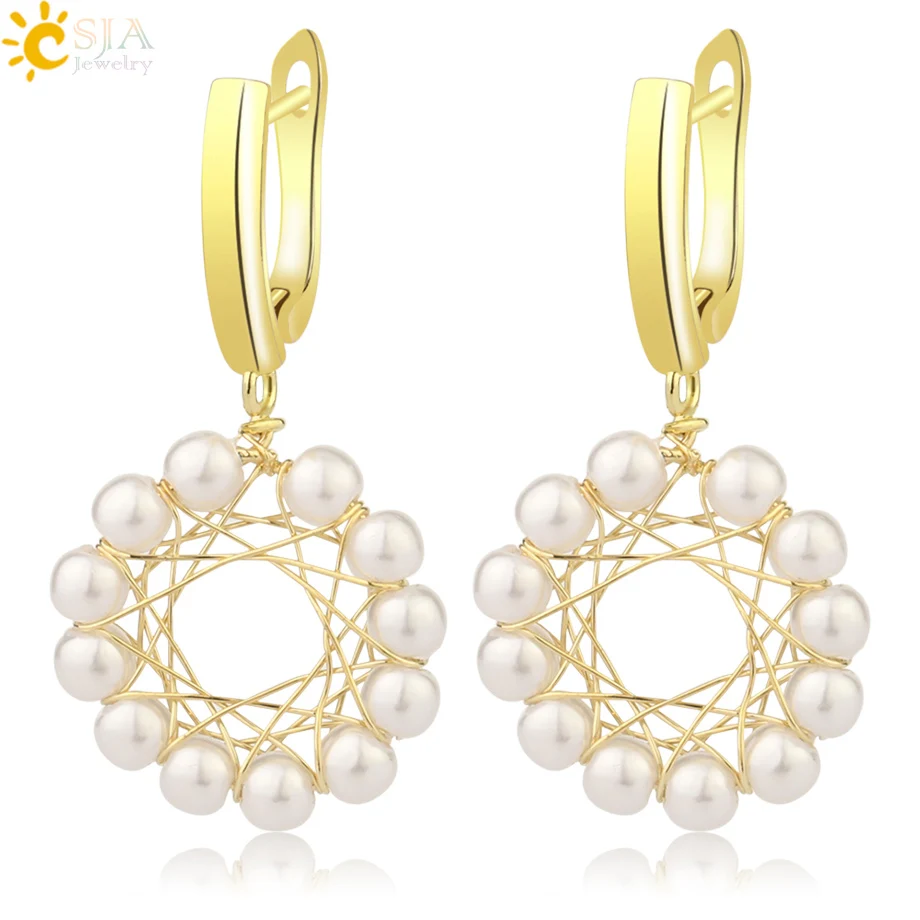 CSJA Freshwater Pearl Dangle Earrings Hollow Round Ball Shaped Gold Color Wire Wrap Elegant Woman Earring for Party Bijoux G244 | Украшения