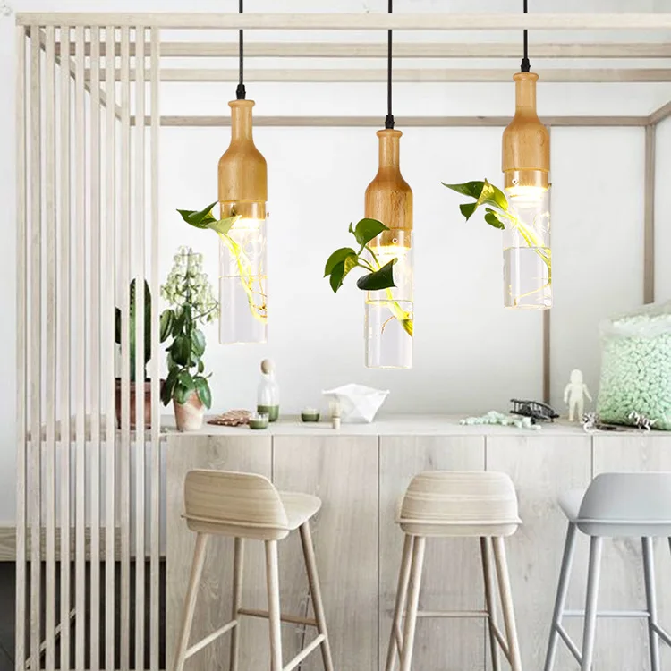 Современный деревянный стеклянный флакон светодиодный подвесной светильник для
