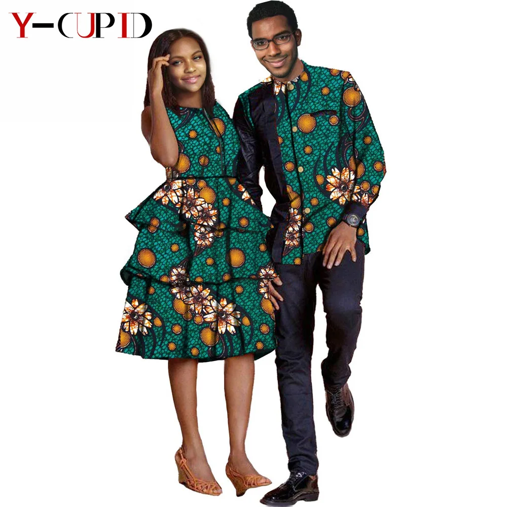 African Clothes for Couples Women Ankara Print Mulit Layer Dresses Matching Men Outfits Shirt and Pants 2 Pieces Sets Y21C006