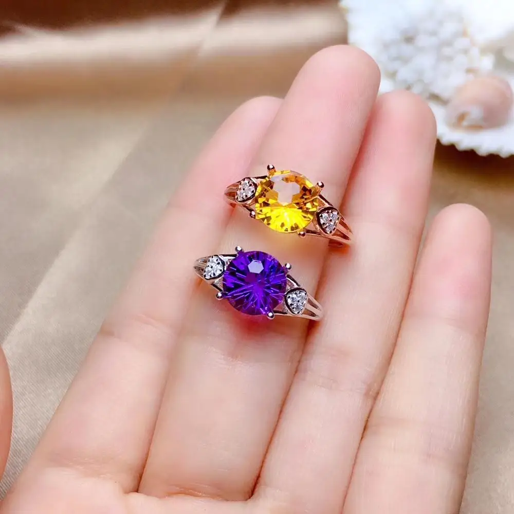 

new charming purple Amethyst /yellow citrine ring for women jewelry real 925 silver good color round natural stone birthday gift