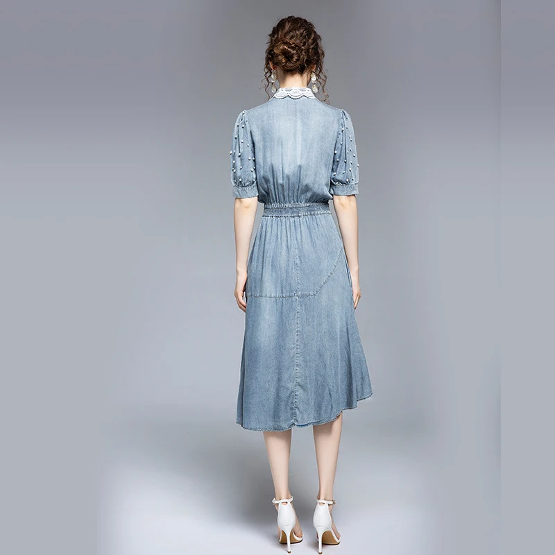 

Simgent Beading Dress Women Denim Peter Pan Collar Slit Patchwork Casual Asymmtrical Dress Vestidos SG06182