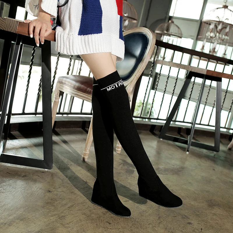 Женские высокие сапоги до колена эластичные на плоской подошве 40 43 41 42|Зимние