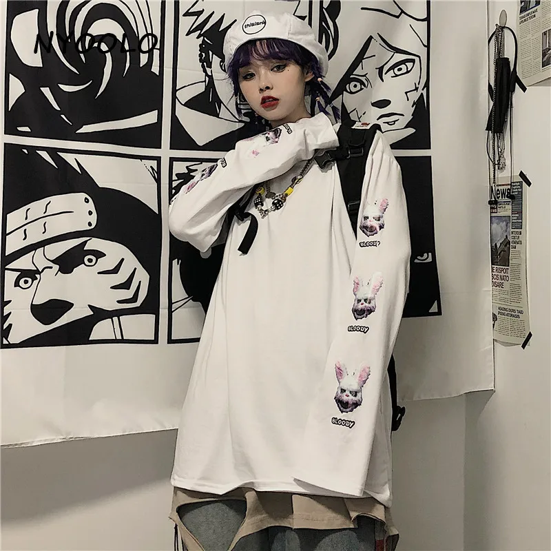 NYOOLO Harajuku уличная свободная футболка с принтом кровавых кроликов, осенняя футболка с длинным рукавом и круглым вырезом, пуловеры, футболка для женщин и мужчин
