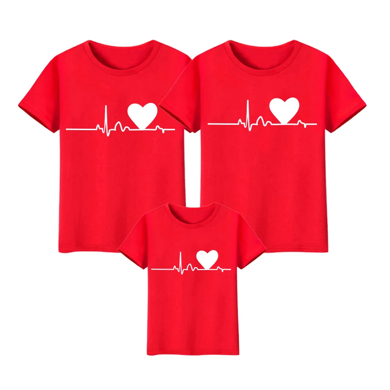 Love Heartbeat family matching clothes Cotton mother father daughter son kids baby T-shirt Red Print Short Sleeve Tops outfits