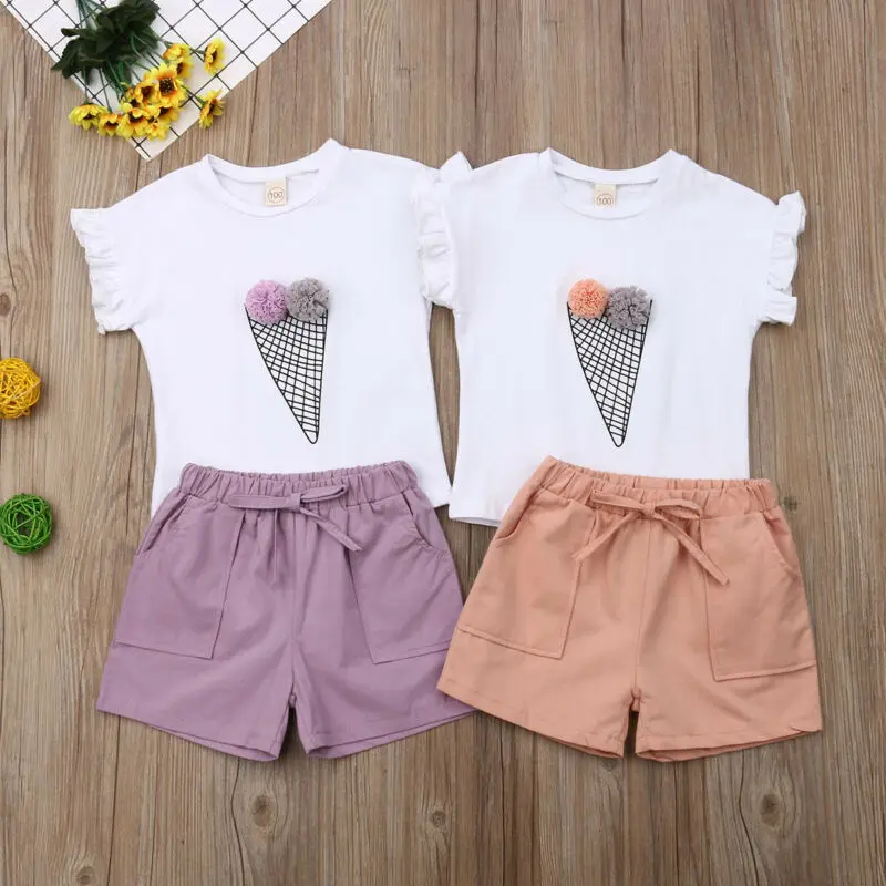 Модная футболка с рисунком мороженого для маленьких девочек топы и шорты детские
