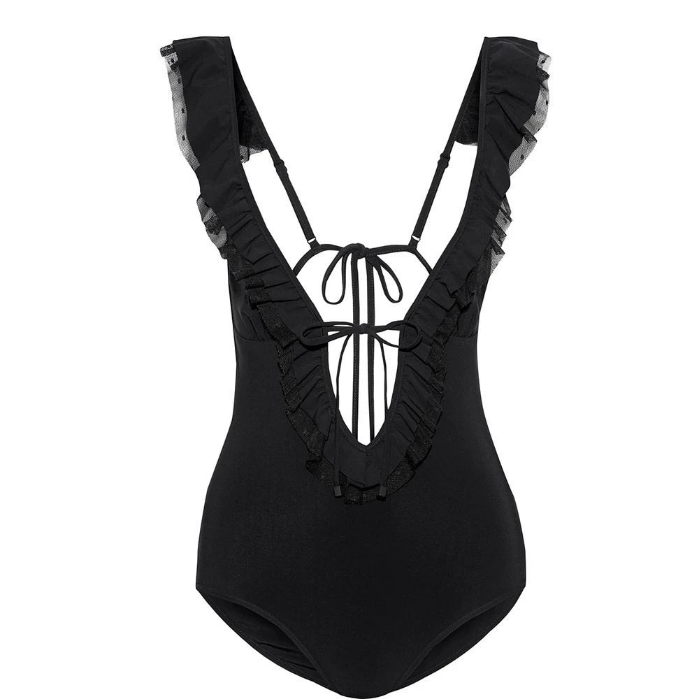

Sexy Print Frill Tie Front One Piece Swimsuit Ruffle Plunge Neck Swimwear Push Up Women Flower Swim Beach Bathing Suit