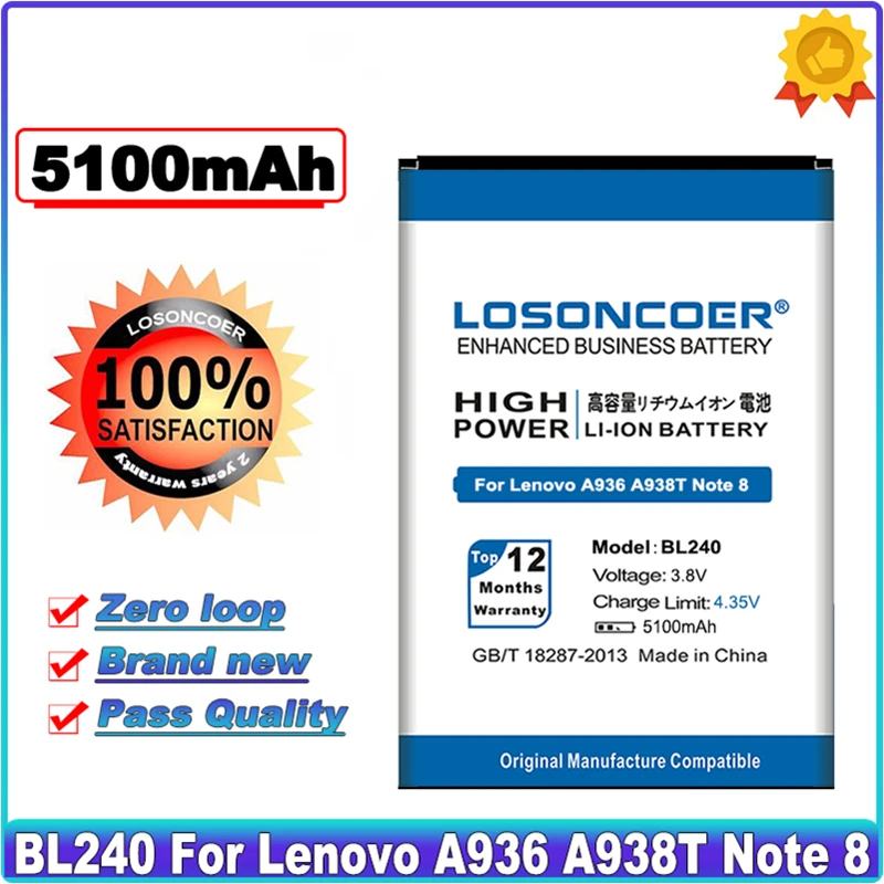 Высококачественный запасной аккумулятор LOSONCOER 5100 мАч bl240 для Lenovo Note 8 A936 A938T