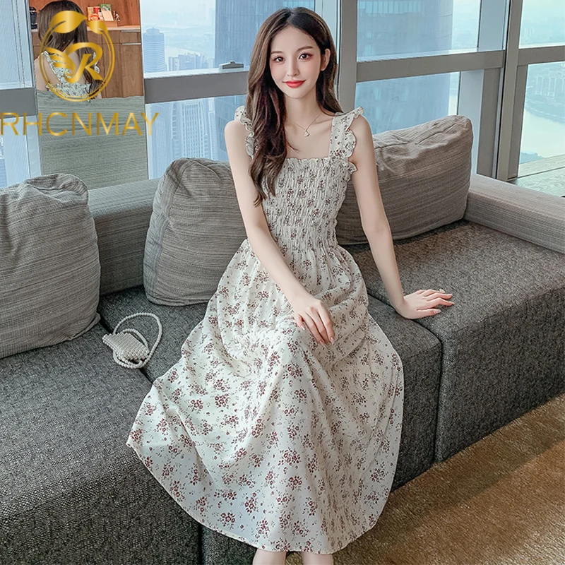 

2021 Korean version New Women's Square Neck Mid Long Dress French retro Suspender Flower elastic Waist Dress