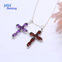 mh womens cross pendant natural purple amethyst and red garnet solid 925 sterling silver chain fine gemstone jewelry for gift