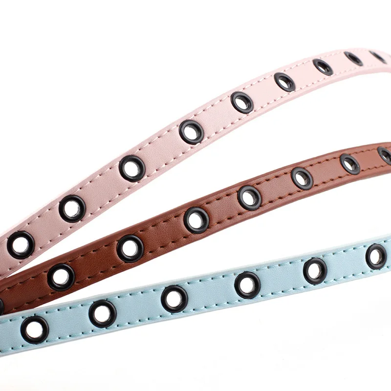 

Fashion Womens Thin Belt Imitation Leather New Design Round Buckle Waistband Black Eyelet Button Belts Leisure Belts For Women