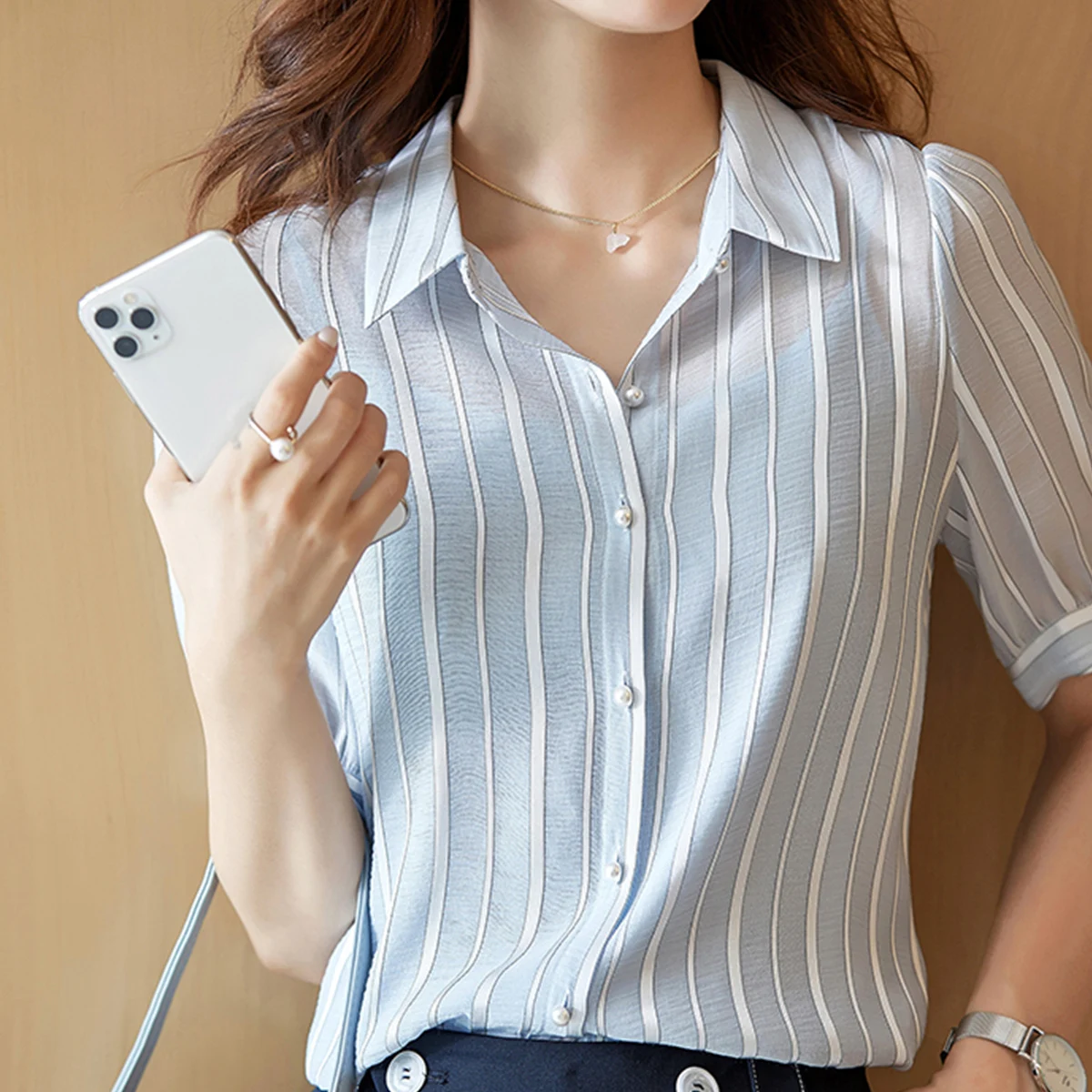 

Шифоновые свободные женские рубашки, новая модная блузка, летние повседневные рубашки с коротким рукавом, рубашка-поло с полосками на пугов...