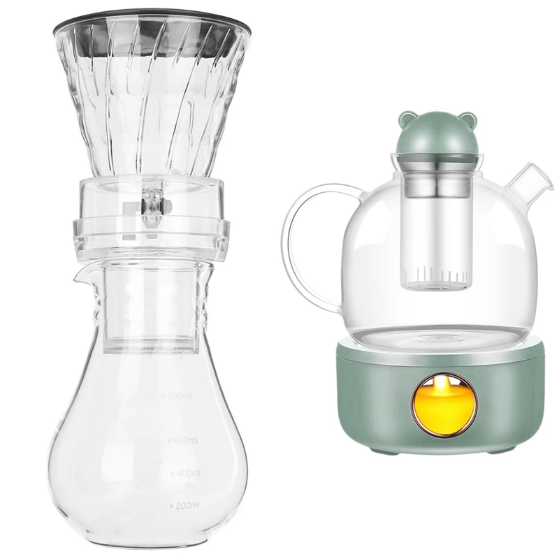 

Glass Cold Ice Water Drip Coffee Maker Brew Pot Dripper 800Ml & Coffee Mug Warmer Teapot Cup Heater Constant