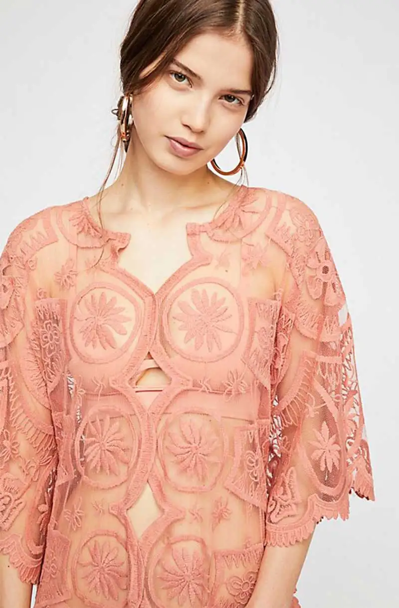 Богемный Вдохновленный кружева Кафтан Макси пляжное платье сетка вышивка