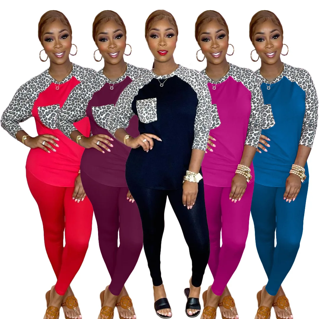 

Повседневный Женский комплект из двух предметов, футболка с длинным рукавом и леопардовым принтом в стиле пэчворк и брюки, Осенний модный с...