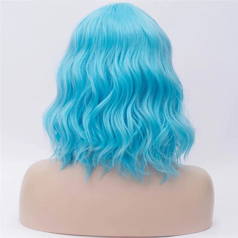 sky blue MSI Wigs, Короткие парики для косплея, фиолетовый, для женщин, кудрявый, красный, синий, парик с боковой челкой, зеленый, розовый, синтетический парик, жаростойкий - Цвет: sky blue