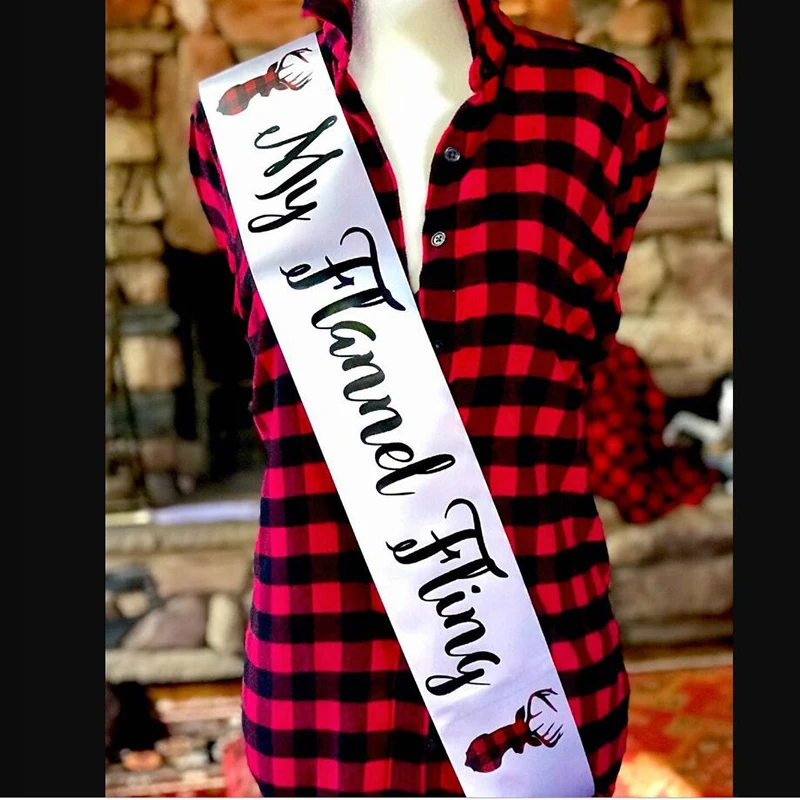 

Flannel Fling Sash Winter Fall Camping hike Mountain Plaid bachelorette Party bridal shower bride to be decoration Photo props