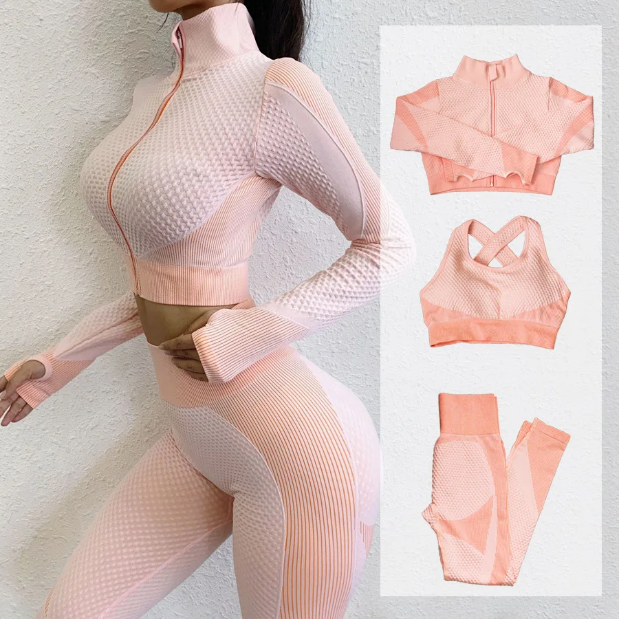 

Fitness Suits Yoga Women Outfits 3pcs Sets Long Sleeve Shirt+Sport Bra+Seamless Leggings Workout Running Clothing Gym Wear