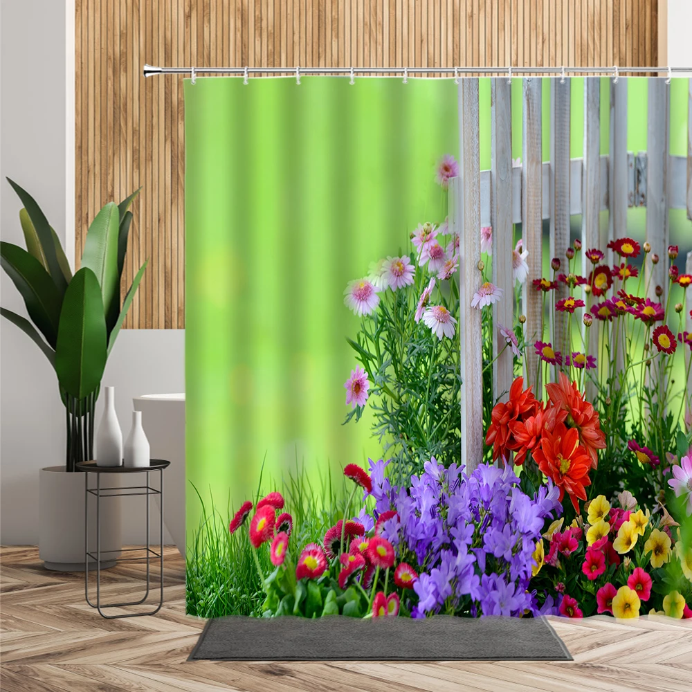 

Spring Flowers Landscape Shower Curtain Daisy Floral Plant Bathroom Decors Wooden Fence Natural Scenery Waterproof Bath Curtains