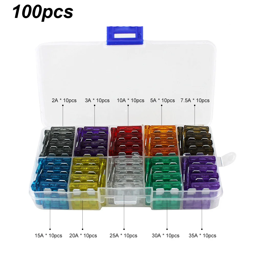 100PCS 100/60/140 ПК 2/3/5/7,5/10/15/20/25/30/35A автомобиль грузовик лезвие предохранителей AMP Пластик коробкой ассортимент с зажимом Авто лезвие Тип предохранитель комплект - Цвет: 100PCS