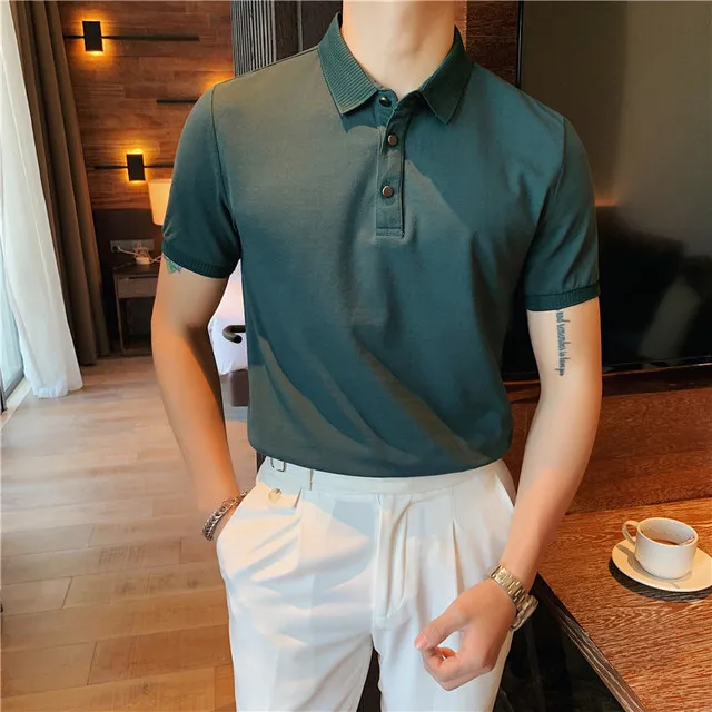 

2021 Men's Short Sleeve Polo Shirt Casual Slim Fit Cotton Solid Color Korean Summer