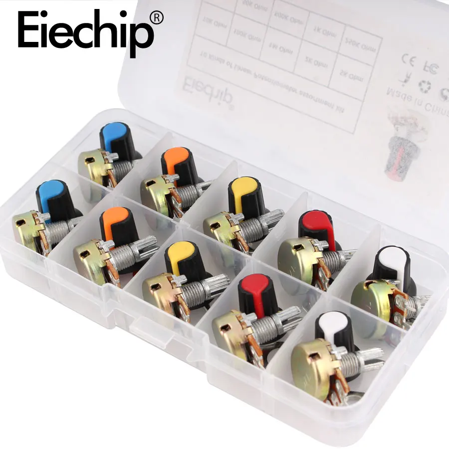 WH148 Potentiometer Kit 1K 2K 5K 10K 20K 50K 100K 250K 500K 1M 15mm Linear Taper Rotary Potentiometer Resistor Set 3pin With Cap