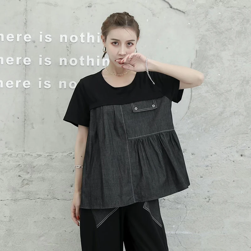 

Max LuLu Summer Korean Fashion 2021 Tees Ladies O-Neck Vintage Tops Women Patchwork Denim T-shirts Girls Oversized Streetwear