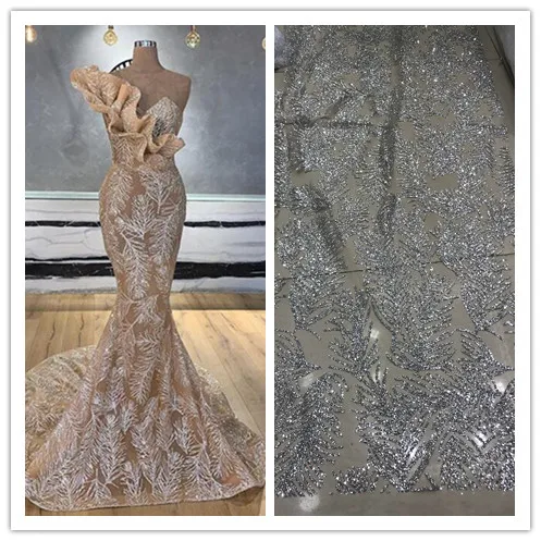 

shining glued glitter J-98914 african tulle mesh fabric for wedding dress