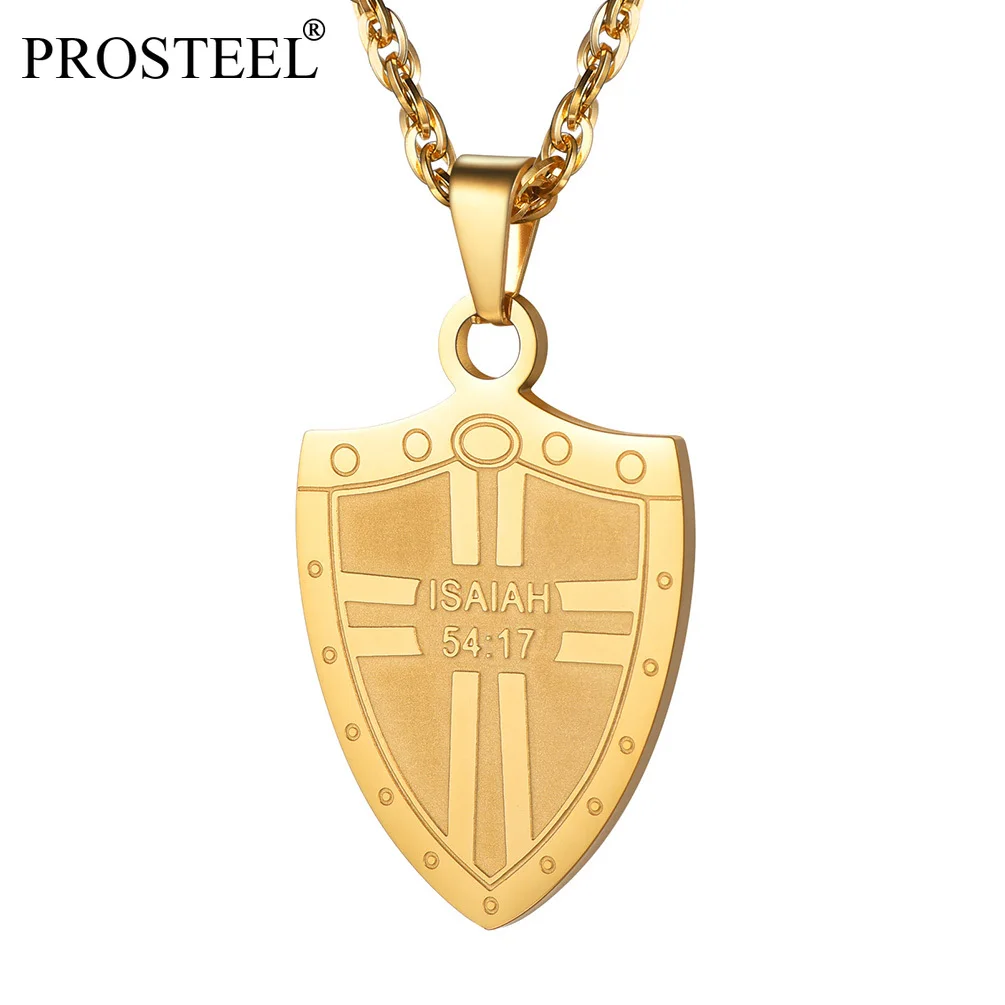 

PROSTEEL Shield Armor Stainless Steel Pendant Chain Scripture Isaiah 54:17 Christian Jewelry Women Men Religious Necklace P2885