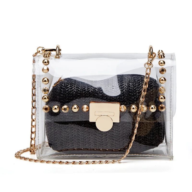 

Transparent Bag Female 2021 Versatile Student Girly Small Square Bag Fashion One Shoulder Crossbody Bag Rivet Crossbody Purses