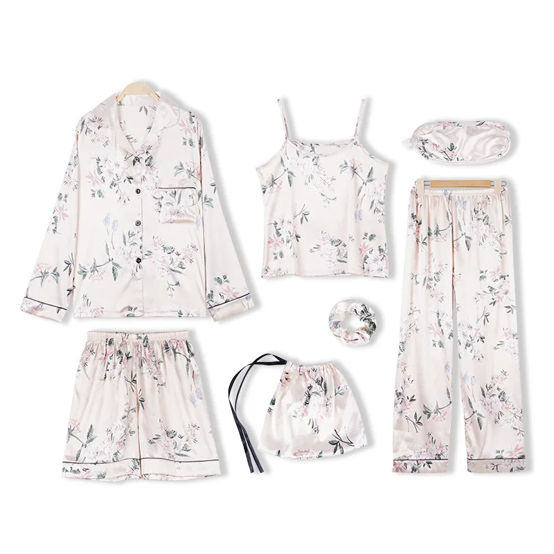 

IZICFLY Summer Autumn New Style white floral pijamas women robe sets Sexy Sling sleep tops Nightgown home Nightwear -7 Pieces