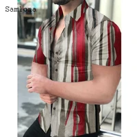 samlona 2022 summer new casual beach shirt men skinny basic tops clothing short sleeve fashion stripes blouse homme ropa blusas
