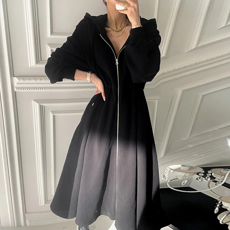

Dresses Women 2021 New Korea Fashion Elegant Pure Color Hooded Zipper High Waist Large Swing Cardigan Hoodie Dress Long Vestidos
