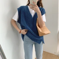 2021 new womens casual style retro solid color vest loose knit sweater vest fashion v neck casual vest sleeveless sweater vests