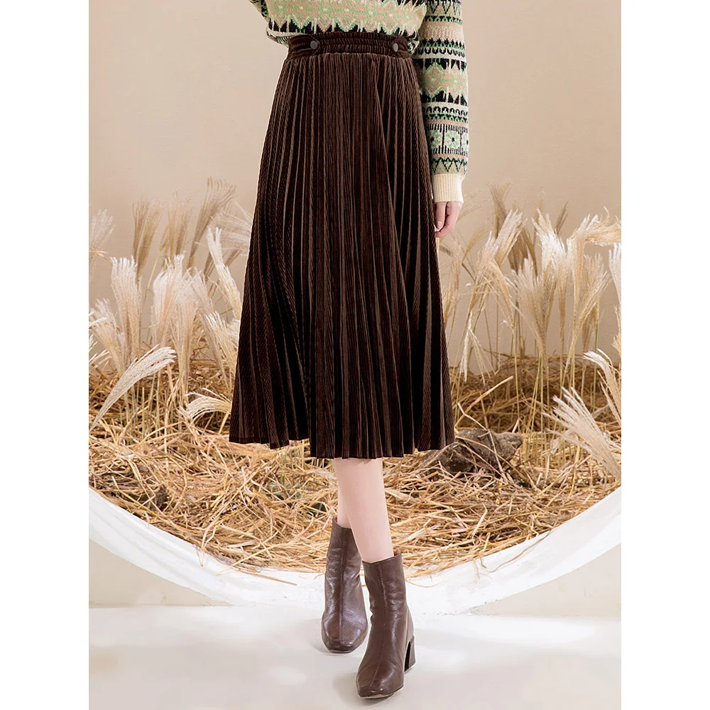 

ONLY PLUS 2021 New Pleated Velvet Skirt Women Autumn Long Vintage Maxi High Waist Casual Winter Black Party School Girl Skirts