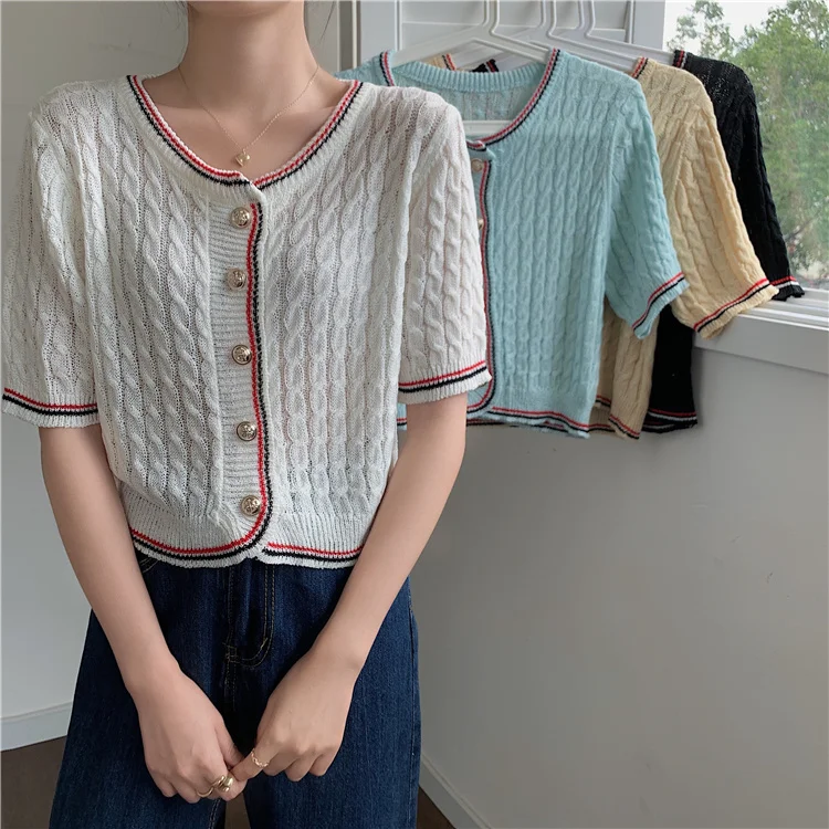 

2021 Summer Knitted Vintage Women Cardigan Short Sleeve V-neck Single Breasted Sweater Knitwear Elegant Female Jumpers Tops