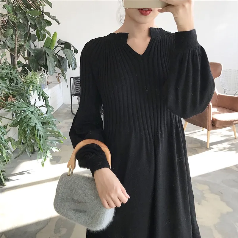 Осеннее шикарный вязаный Ретро платье с v образным вырезом и длинными рукавами