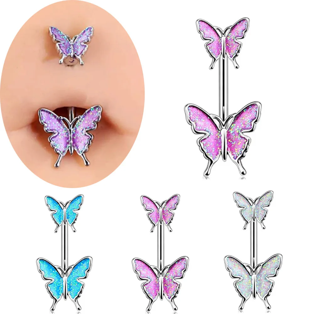 

Fashion Butterfly Belly Rings Creative Navel Ring Female Stainless Steel Bling Epoxy Body Belly Piercing Jewelry for Women