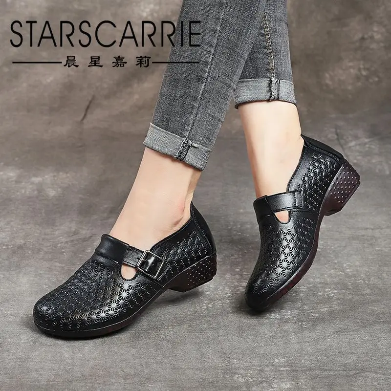 

2021 spring new deep mouth beef tendon soft sole shoes deep mouth casual thick heel mother shoes women's leather shoes