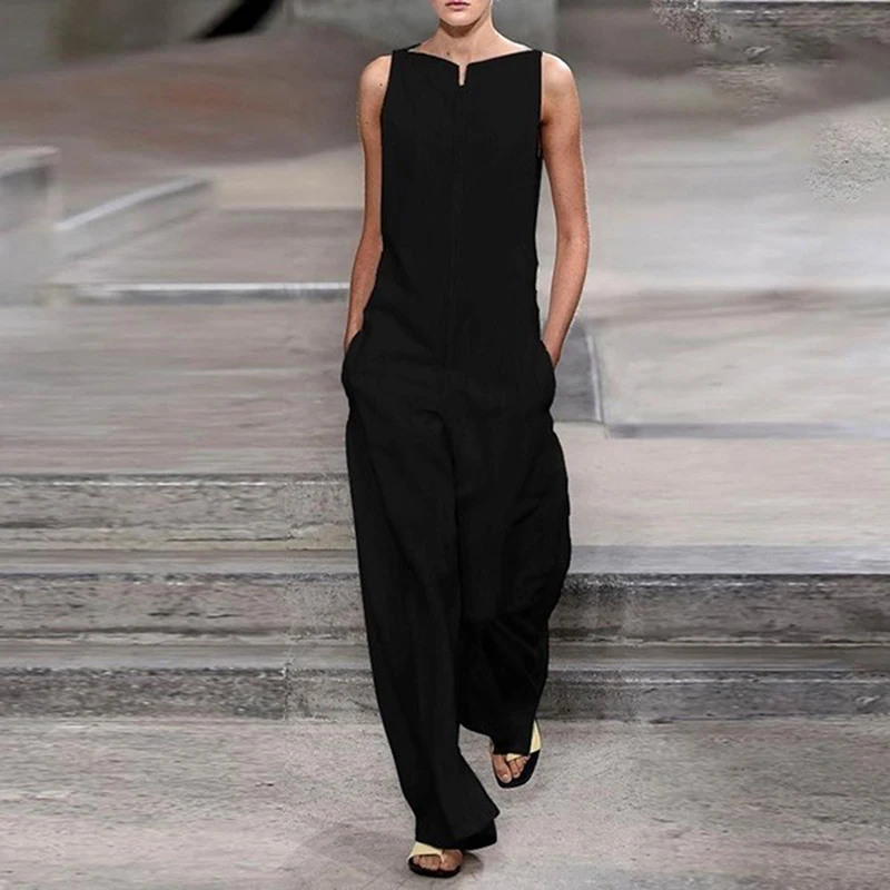 

New Pockets Sleeveless Strapless Full Length Loose Casual Summer Women Jumpsuit Solid Color Ladies Fashion Rompers Jumpsuits
