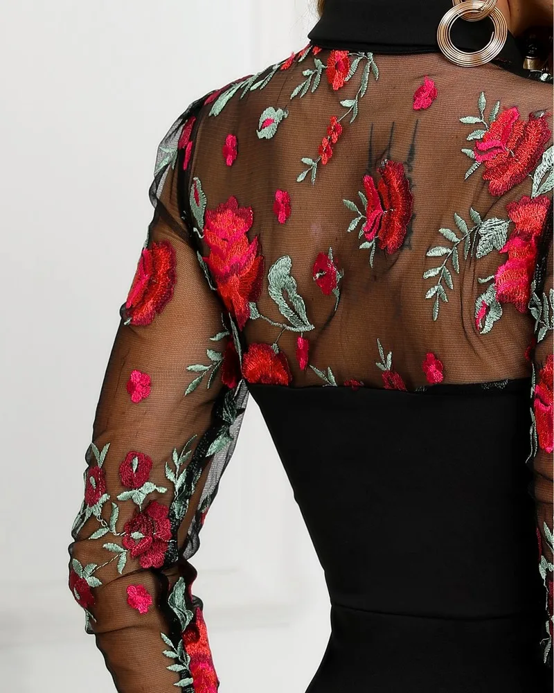 Женское сексуальное Сетчатое платье с v-образным вырезом и цветочной вышивкой