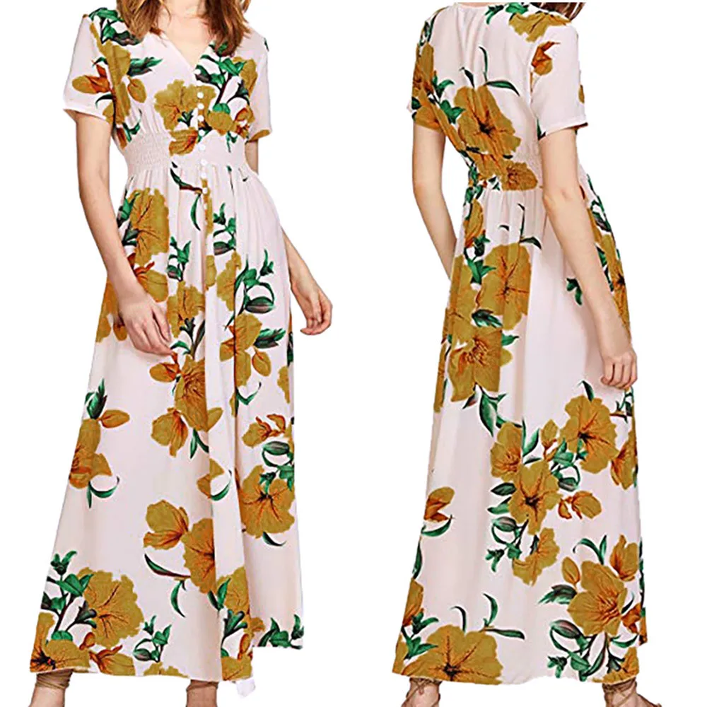 Модные новые женские вечерние платья с коротким рукавом на пуговицах цветочным