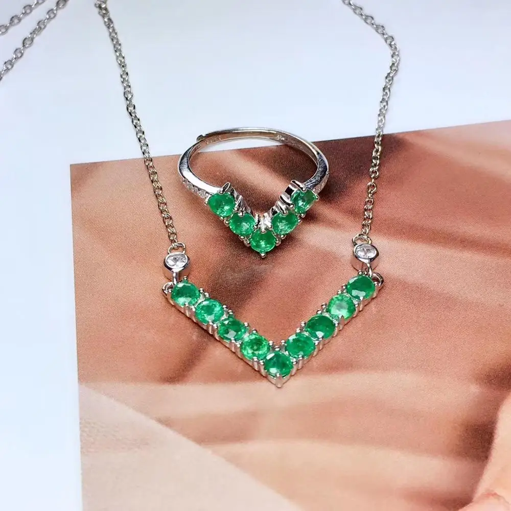 

grace triangle geometry Natural green emerald ring Necklace Natural Gemstone Jewelry Set S925 Silver Women party jewelry