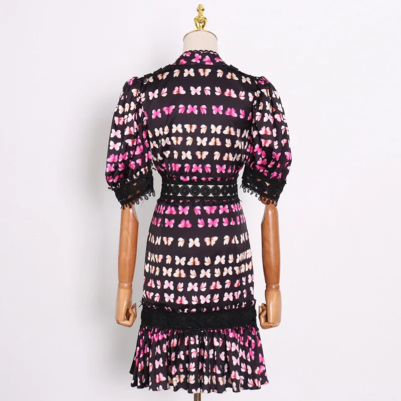 

VGH Vintage Print Dress For Women V Neck Lantern Short Sleeve High Waist Patchwork Lace Mini Trumpet Female 2021 Summer Fashion