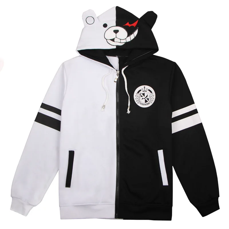 

Anime Danganronpa Cosplay Black and White Bear Sweater COS Thicken Cotton Hooded Coat Jacket With Hat Halloween Party